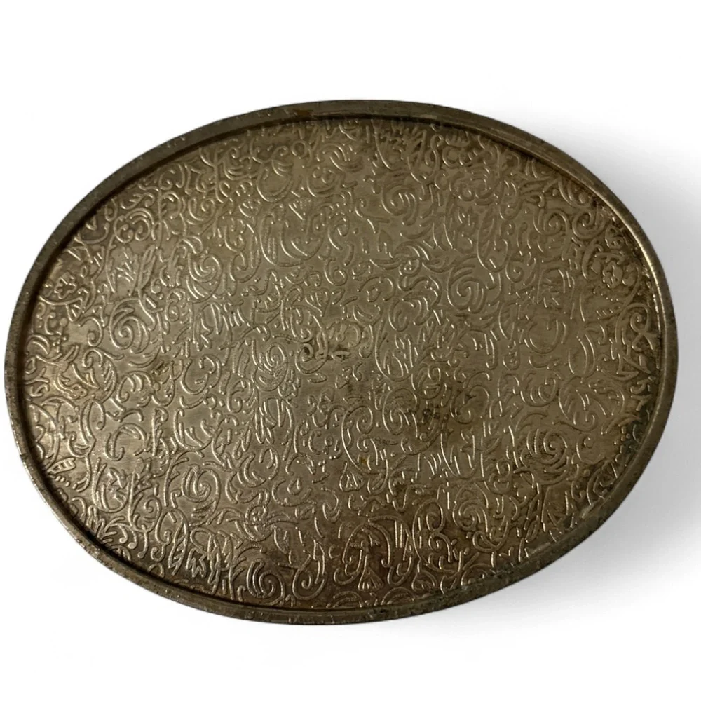 Vintage Oval Metal Trinket Jewelry Box Embossed Scrollwork Velvet Lined